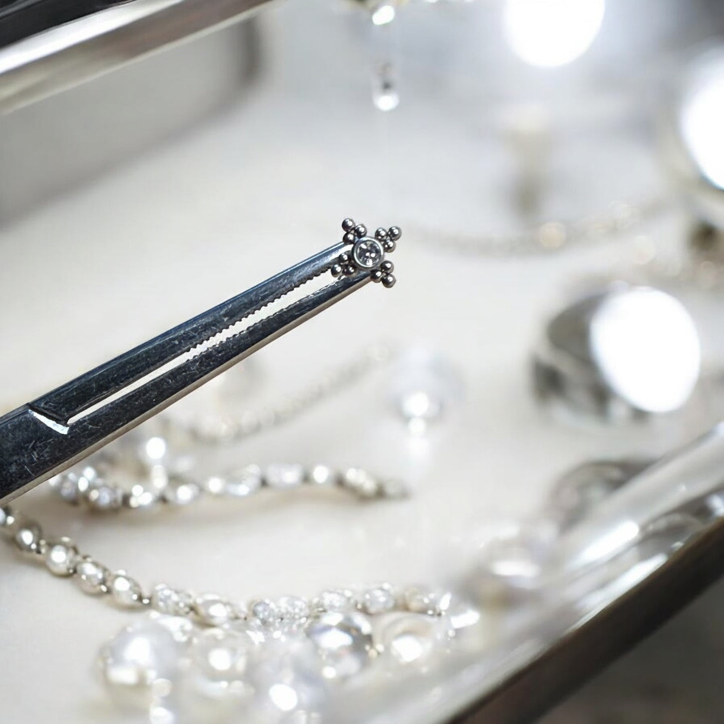 Silver ornate beaded labret piercing