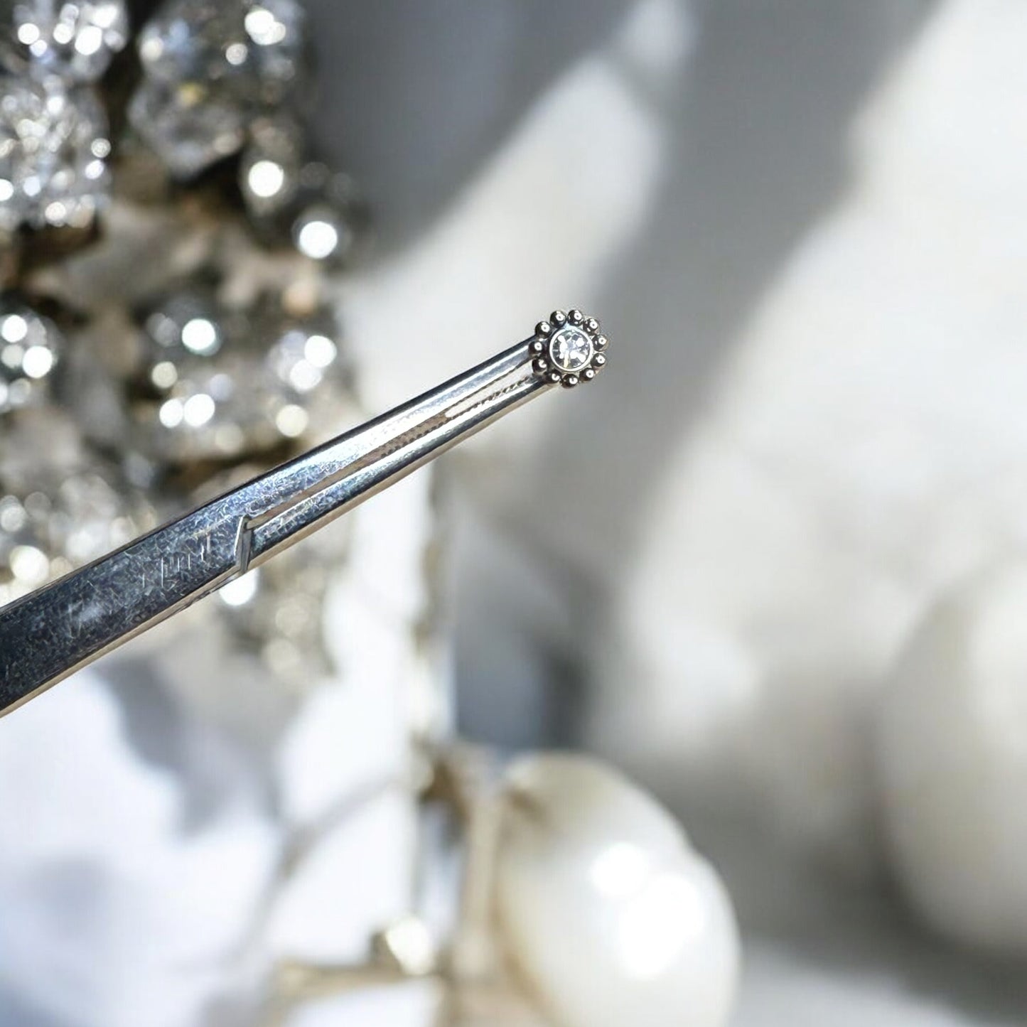 Silver ornate beaded labret piercing