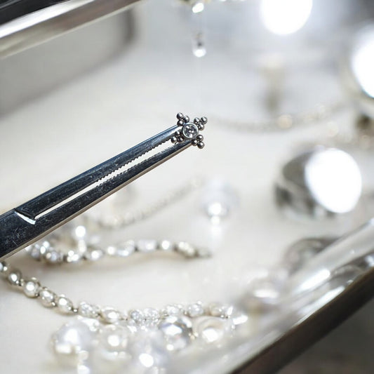 Silver ornate beaded labret piercing