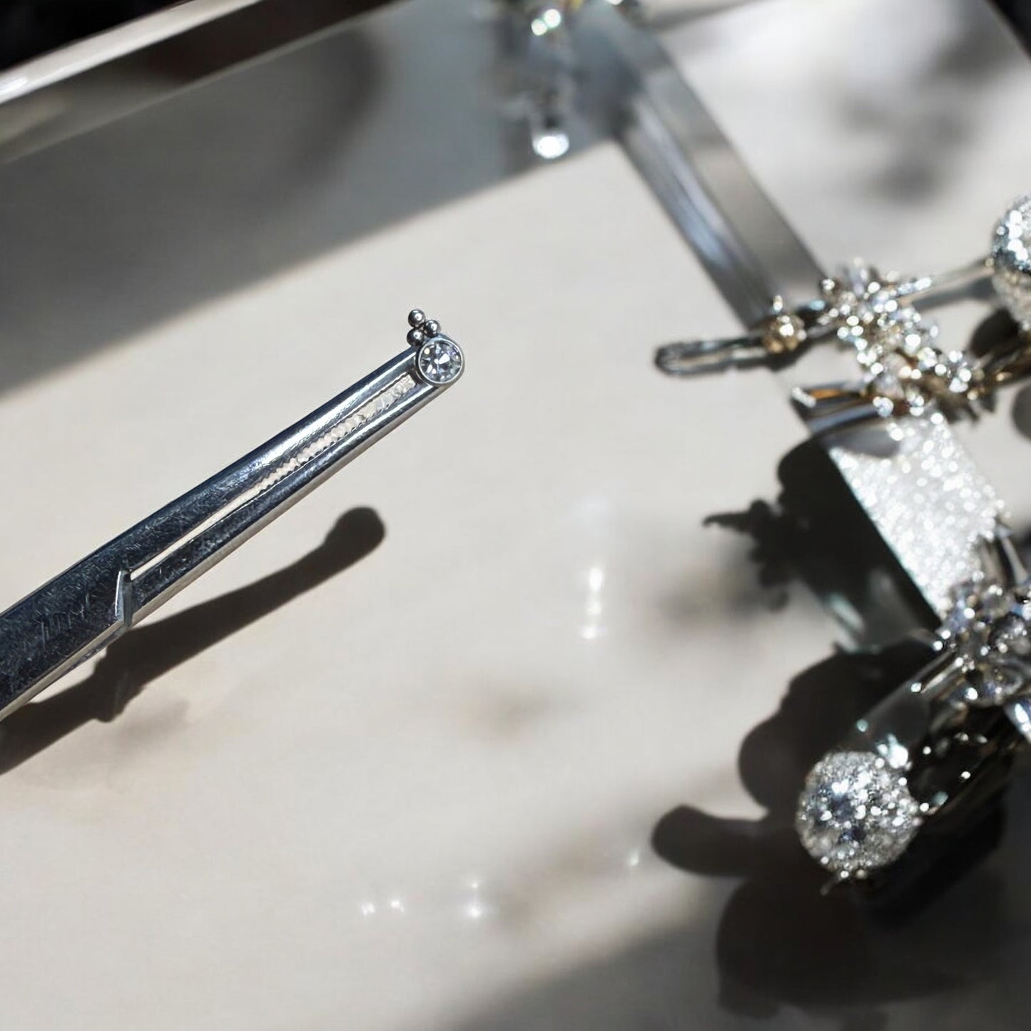 Silver ornate beaded labret piercing