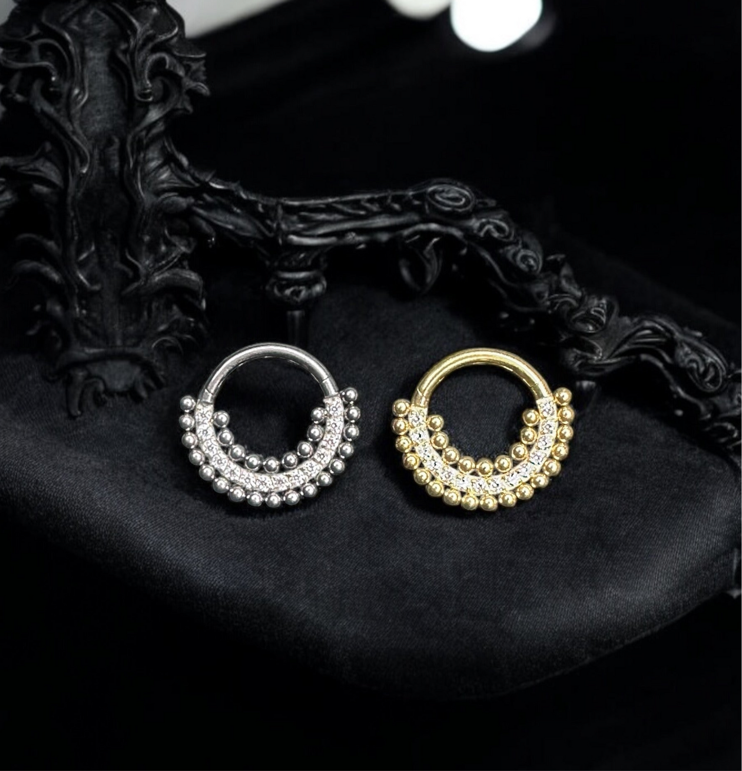 Triple row stoned tribal piercing ring 16G