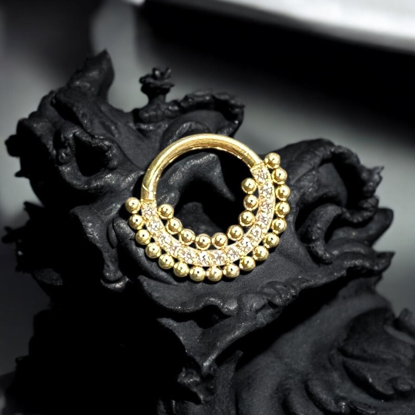 Triple row stoned tribal piercing ring 16G